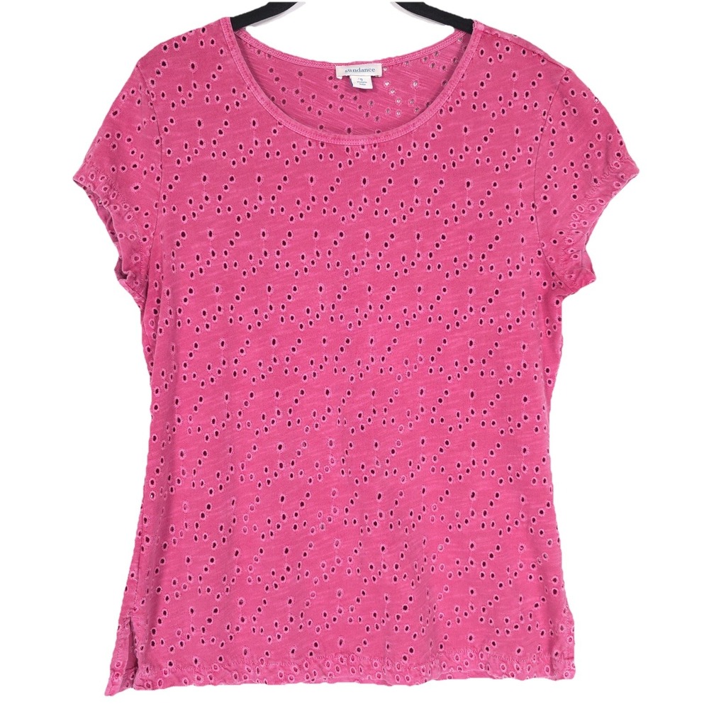 Sundance Women's Top SMALL Pink Eyelet Cotton INDIA MADE T-Shirt Crew Neck